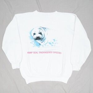 Vintage 90s Harp Seal Endangered Species White Sweatshirt Tultex Adult XL